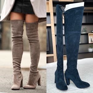 Stuart Weitzman Stretch Velvet Navy Green Over Knee Boots EU 37 US 7